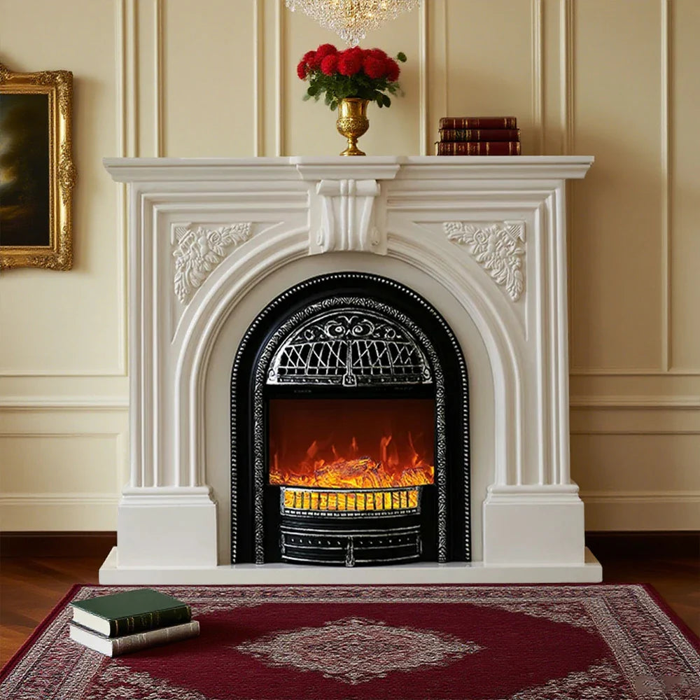 LIVARA 130cm Flame Wood Fireplace Ivory Mantel Insert, - Classic Solid Elegant Core White Decorative Birdcage Frame, Design