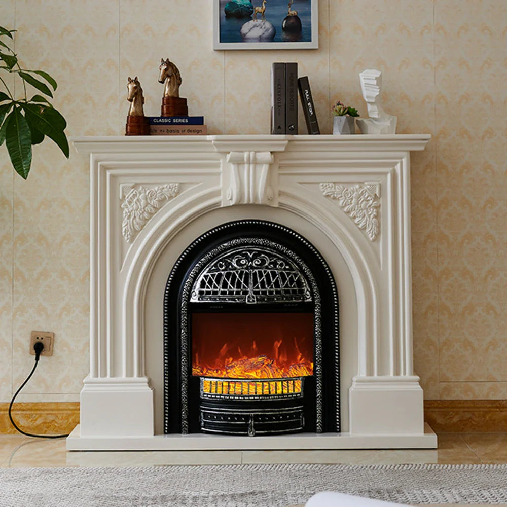 LIVARA 130cm Flame Wood Fireplace Ivory Mantel Insert, - Classic Solid Elegant Core White Decorative Birdcage Frame, Design