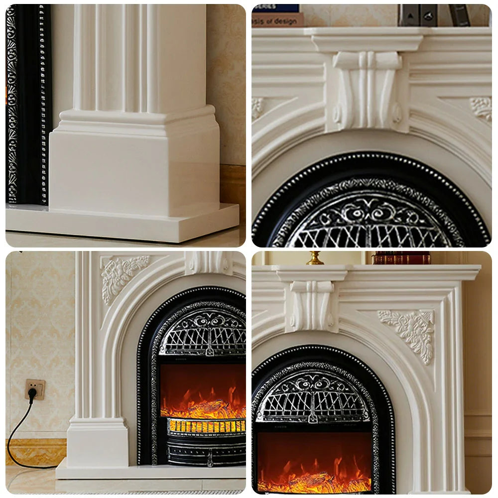 LIVARA 130cm Flame Wood Fireplace Ivory Mantel Insert, - Classic Solid Elegant Core White Decorative Birdcage Frame, Design