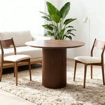 LUXORA 90/100cm Round Dining Table - Walnut Veneer Top, Single Pedestal Base, Modern Space-Saving Design - Walnut