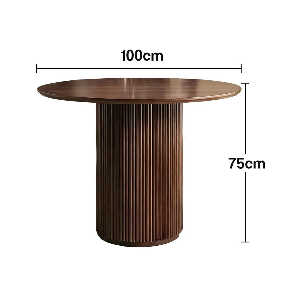 LUXORA 90/100cm Round Dining Table - Walnut Veneer Top, Single Pedestal Base, Modern Space-Saving Design - Walnut