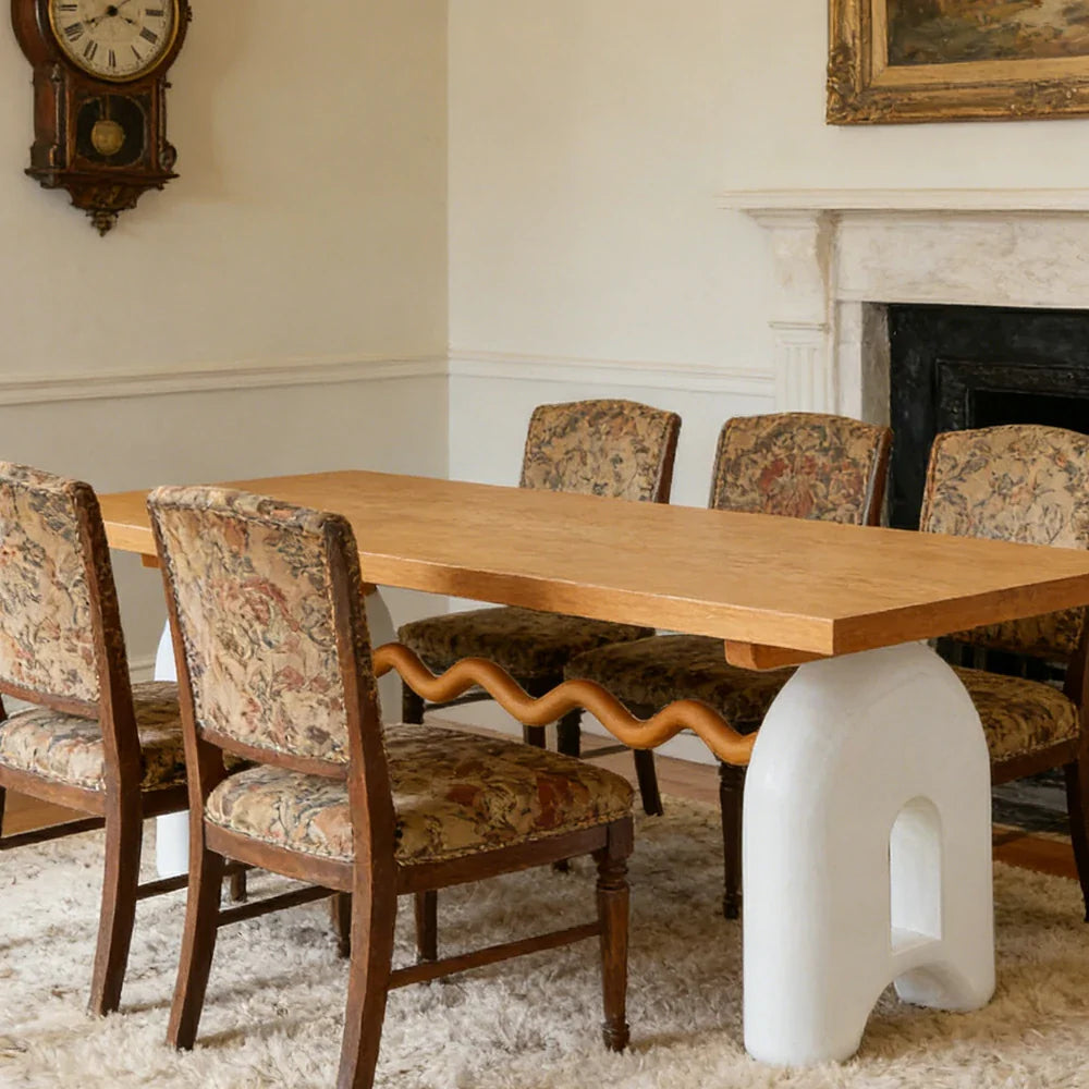 LUXORA 140/160cm Solid Wood Dining Table - French Cream Vintage Design Sculptural Legs with Wave Crossbar Stable Designer Table for Dining Spaces - Natural & White