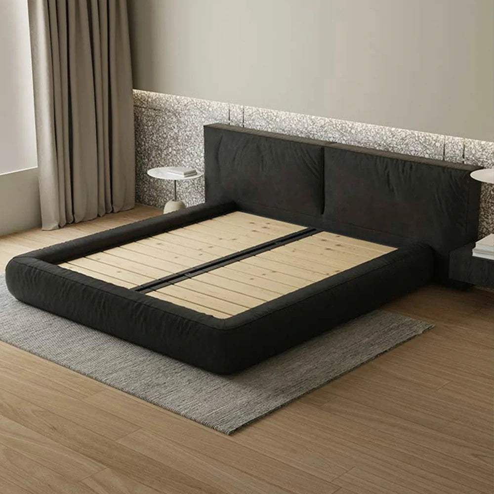 LUXORA Upholstered Design Frame Steel Edges Support, Headboard, Padded Larch Solid Wood Nappa Anti-Slip Bed - Leather 150/180cm Black