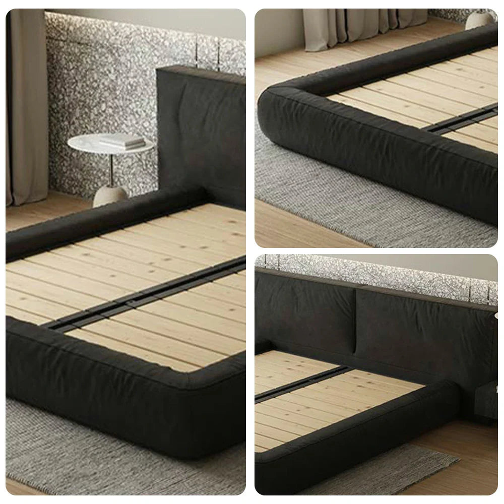 LUXORA Upholstered Design Frame Steel Edges Support, Headboard, Padded Larch Solid Wood Nappa Anti-Slip Bed - Leather 150/180cm Black