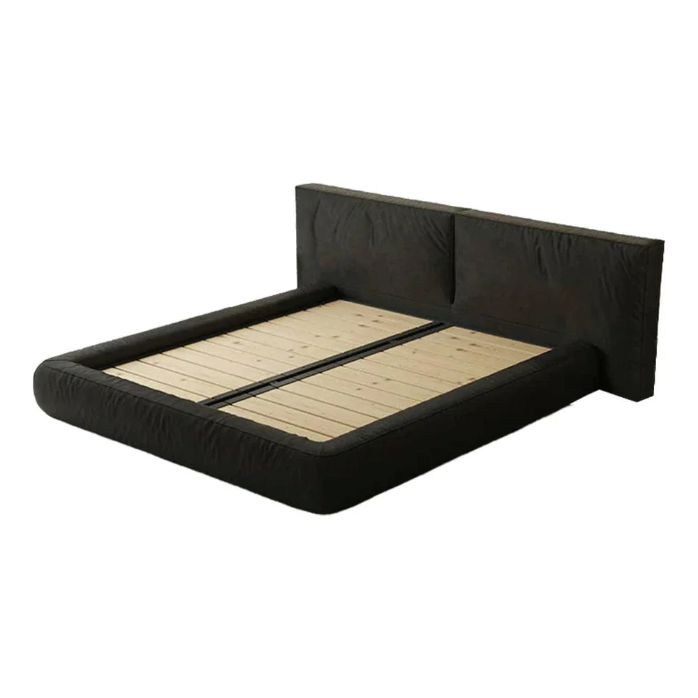 LUXORA Upholstered Design Frame Steel Edges Support, Headboard, Padded Larch Solid Wood Nappa Anti-Slip Bed - Leather 150/180cm Black