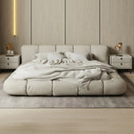 LUXORA Upholstered Bed Steel Design Edges Padded Wood Anti-Slip Solid Cotton-Linen Larch Headboard, Support, 150/180cm, - Frame Beige