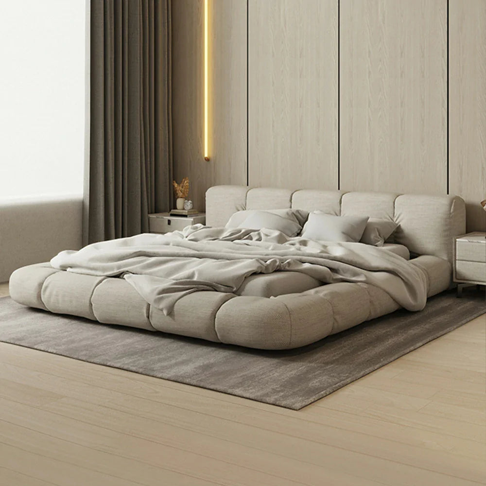 LUXORA Upholstered Bed Steel Design Edges Padded Wood Anti-Slip Solid Cotton-Linen Larch Headboard, Support, 150/180cm, - Frame Beige