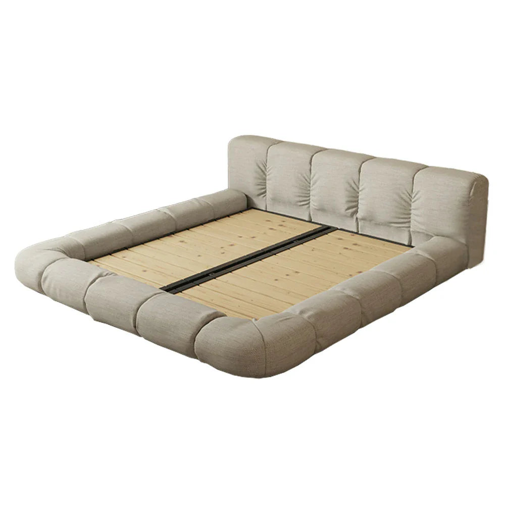 LUXORA Upholstered Bed Steel Design Edges Padded Wood Anti-Slip Solid Cotton-Linen Larch Headboard, Support, 150/180cm, - Frame Beige