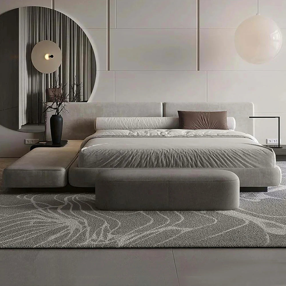 LUXORA Upholstered Support, Bed Steel Solid 150/180cm, Wood Larch Velvet Frame - Edges Anti-Slip Design Padded Headboard, Matte Grey