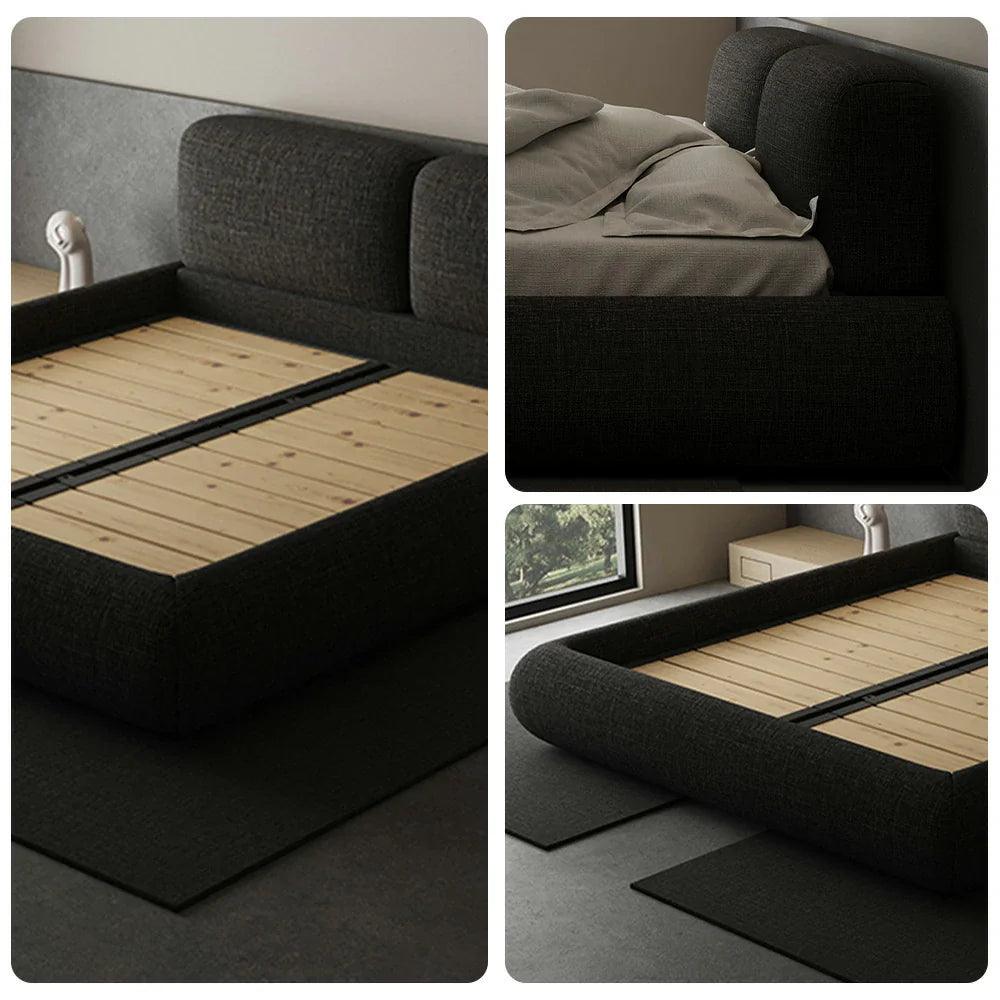 LUXORA Upholstered Solid Edges Bed Steel Headboard, Fabric Wood Design Anti-Slip - Larch Frame Linen 150/180cm, Support, Padded Black
