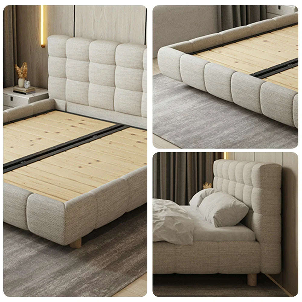 LUXORA Upholstered Frame Sponge Resilience Cotton-Linen High Larch Solid Rails Wood, - Bed 150/180cm, Anti-Slip Beige