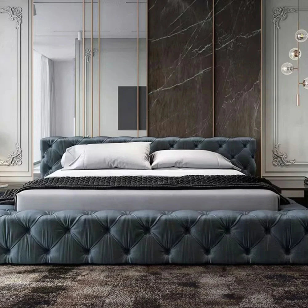 LUXORA Upholstered - Wood, Padded Edges Velvet Resilience 150/180cm, Solid Frame Larch Sponge, High Bed Blue