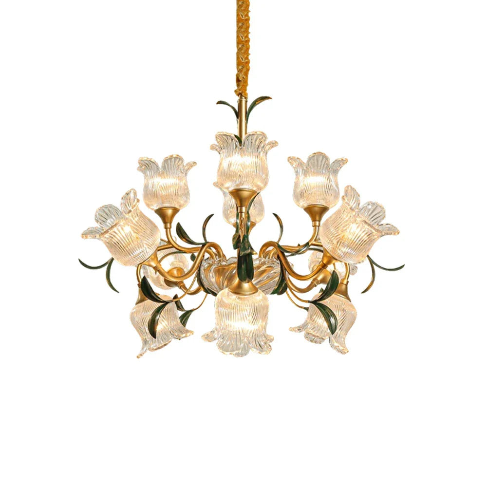 LIVARA 12/18/24-Head Warm LED Pendant Light Gold Floral Glass Chandelier  Handcrafted Vintage Flower Design for Living Room Bedroom Dining Room
