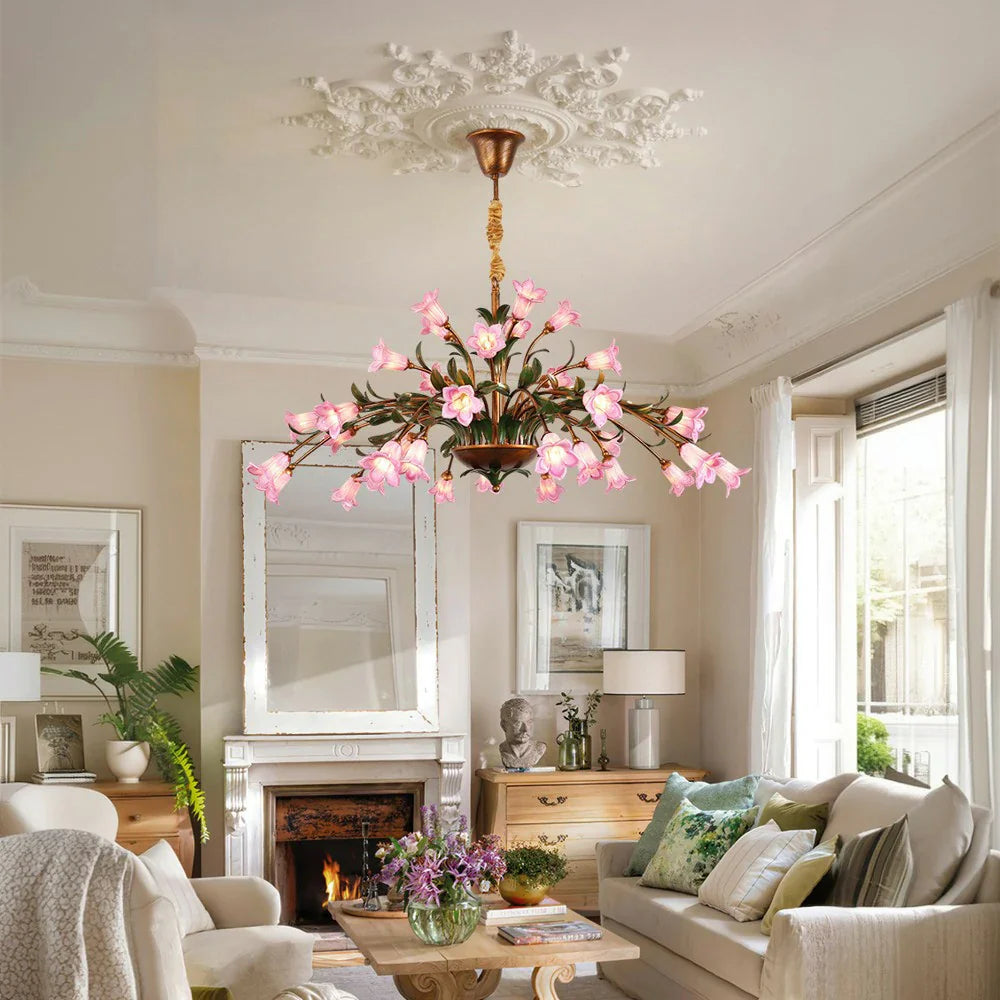 LIVARA 68/87/107cm Warm LED Pendant Light Floral Glass Chandelier Handcrafted Vintage Flower Design for Living Room Bedroom Dining Room - Pink