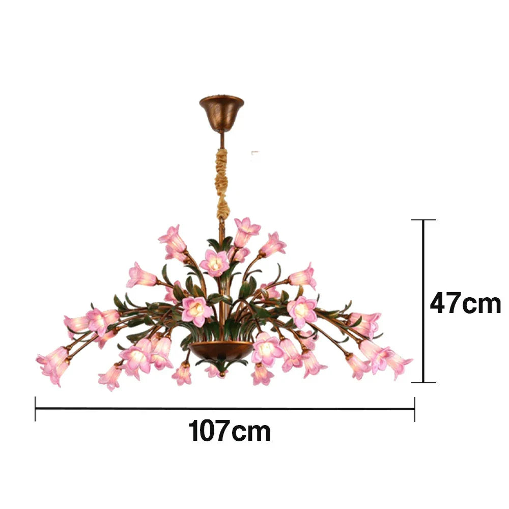 LIVARA 68/87/107cm Warm LED Pendant Light Floral Glass Chandelier Handcrafted Vintage Flower Design for Living Room Bedroom Dining Room - Pink