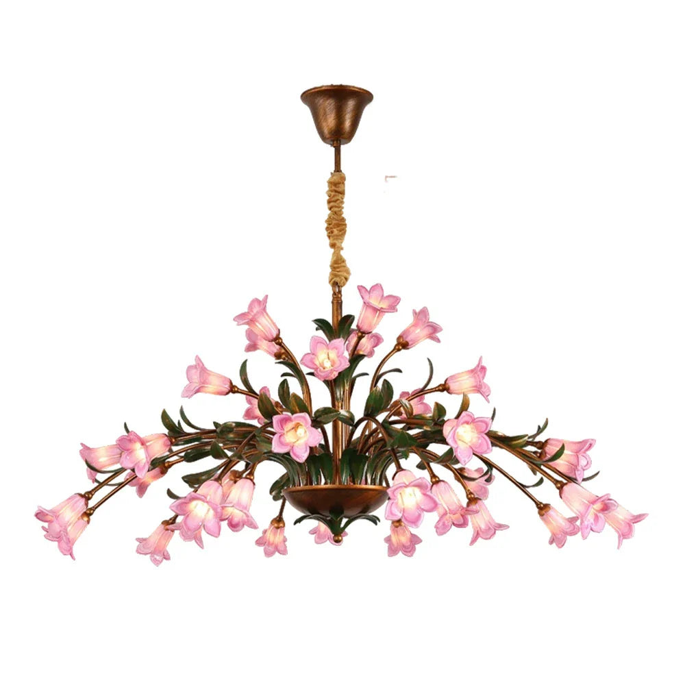 LIVARA 68/87/107cm Warm LED Pendant Light Floral Glass Chandelier Handcrafted Vintage Flower Design for Living Room Bedroom Dining Room - Pink
