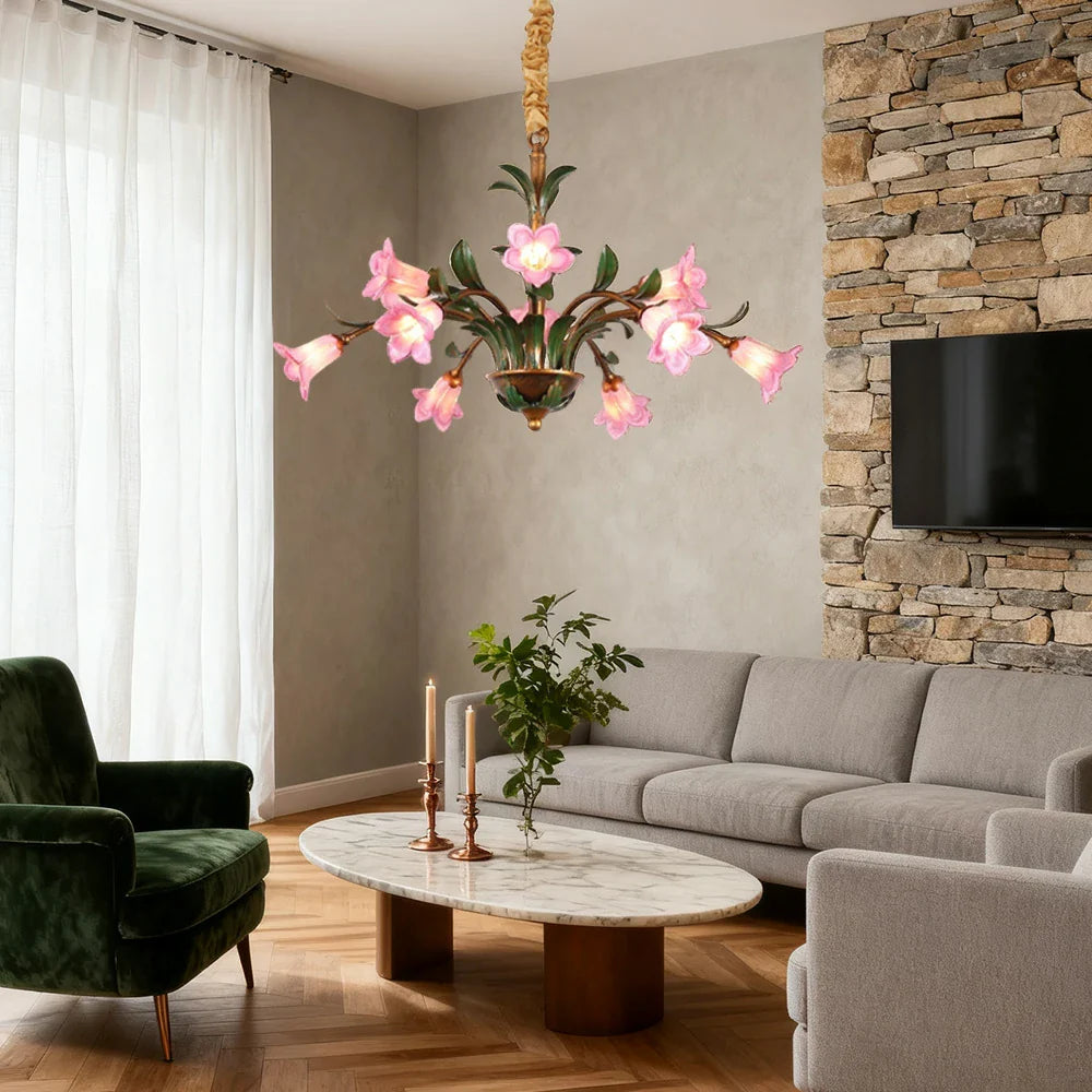 LIVARA 68/87/107cm Warm LED Pendant Light Floral Glass Chandelier Handcrafted Vintage Flower Design for Living Room Bedroom Dining Room - Pink