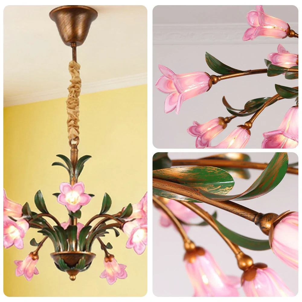 LIVARA 68/87/107cm Warm LED Pendant Light Floral Glass Chandelier Handcrafted Vintage Flower Design for Living Room Bedroom Dining Room - Pink