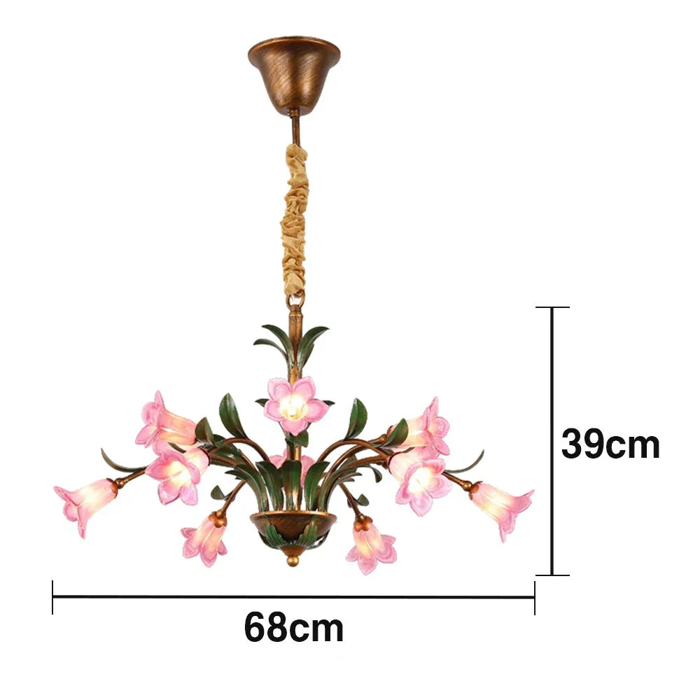 LIVARA 68/87/107cm Warm LED Pendant Light Floral Glass Chandelier Handcrafted Vintage Flower Design for Living Room Bedroom Dining Room - Pink
