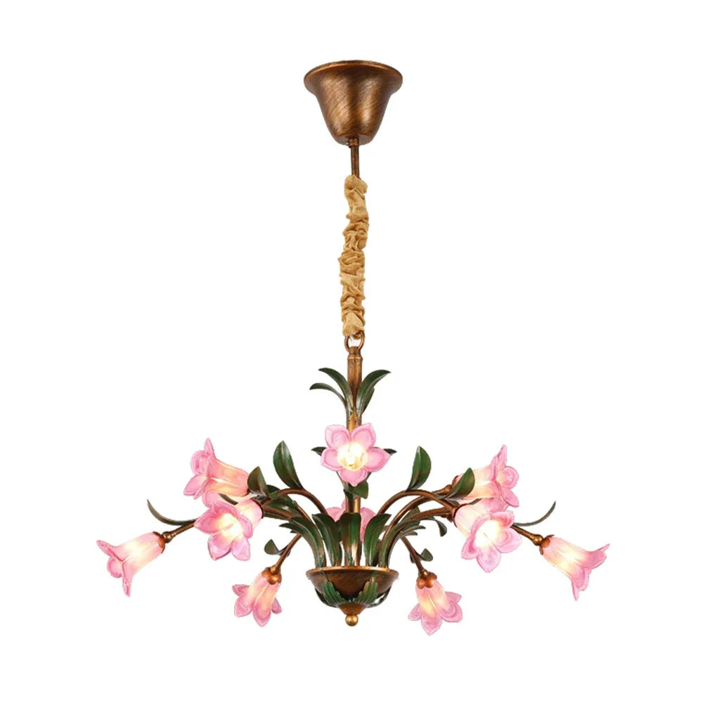 LIVARA 68/87/107cm Warm LED Pendant Light Floral Glass Chandelier Handcrafted Vintage Flower Design for Living Room Bedroom Dining Room - Pink