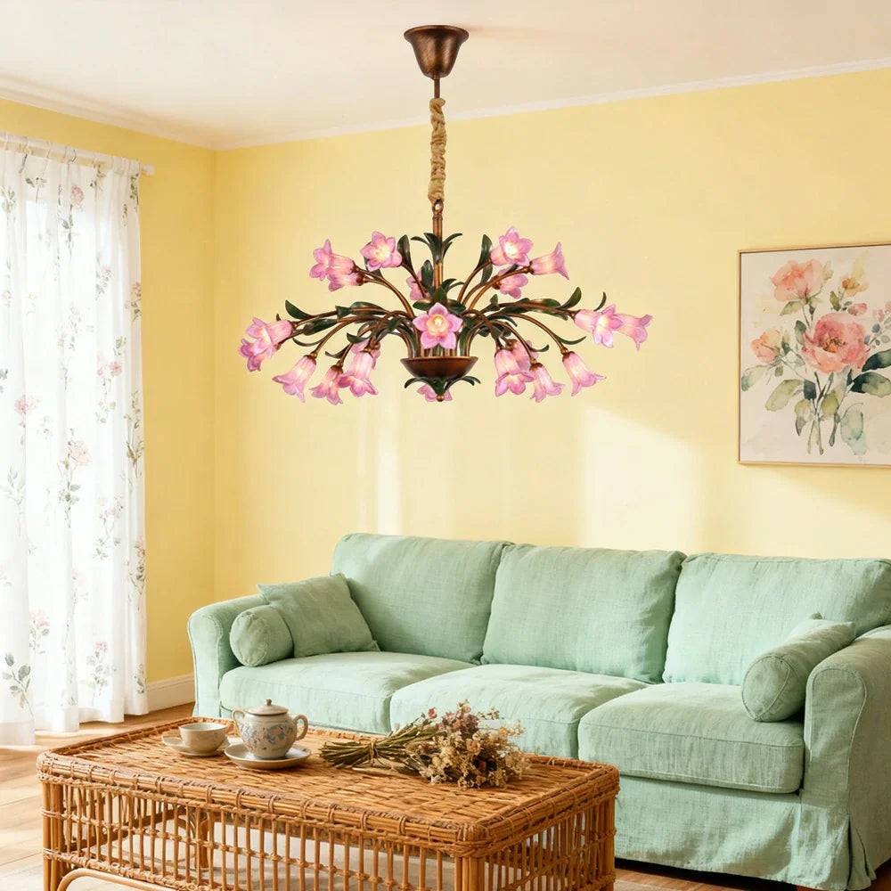LIVARA 68/87/107cm Warm LED Pendant Light Floral Glass Chandelier Handcrafted Vintage Flower Design for Living Room Bedroom Dining Room - Pink