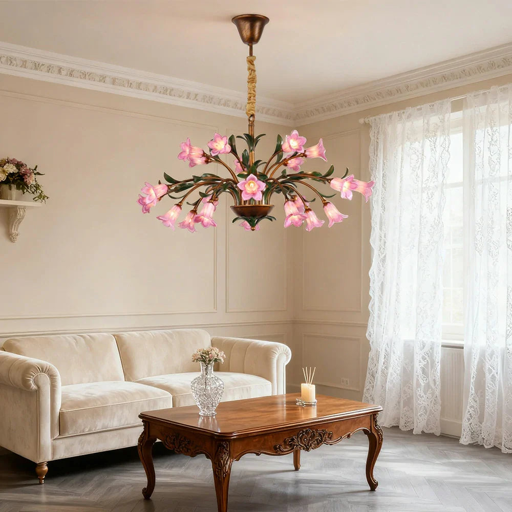 LIVARA 68/87/107cm Warm LED Pendant Light Floral Glass Chandelier Handcrafted Vintage Flower Design for Living Room Bedroom Dining Room - Pink