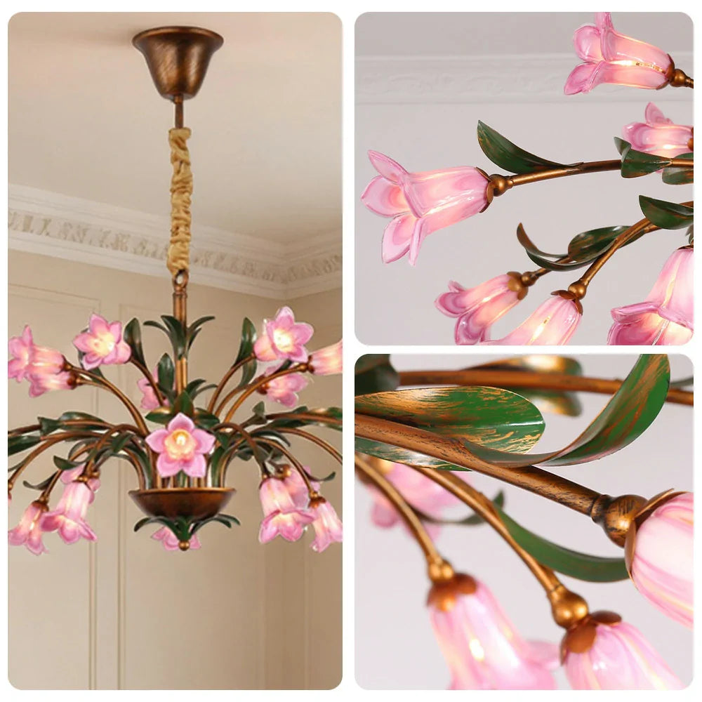 LIVARA 68/87/107cm Warm LED Pendant Light Floral Glass Chandelier Handcrafted Vintage Flower Design for Living Room Bedroom Dining Room - Pink