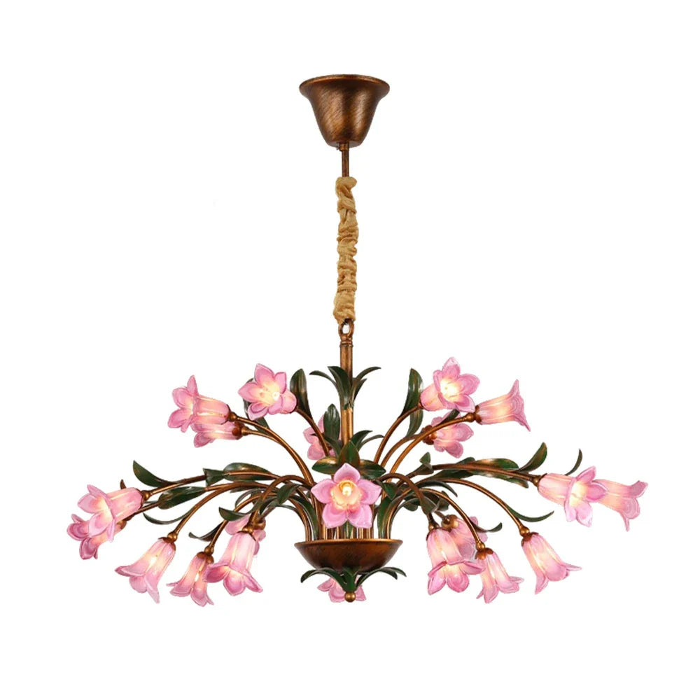 LIVARA 68/87/107cm Warm LED Pendant Light Floral Glass Chandelier Handcrafted Vintage Flower Design for Living Room Bedroom Dining Room - Pink