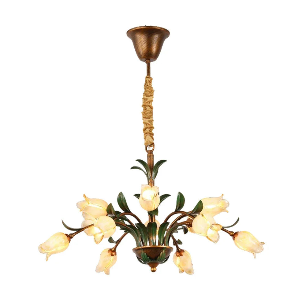 LIVARA 68/87/107cm Warm LED Pendant Light Floral Glass Chandelier Handcrafted Vintage Flower Design for Living Room Bedroom Dining Room - Yellow