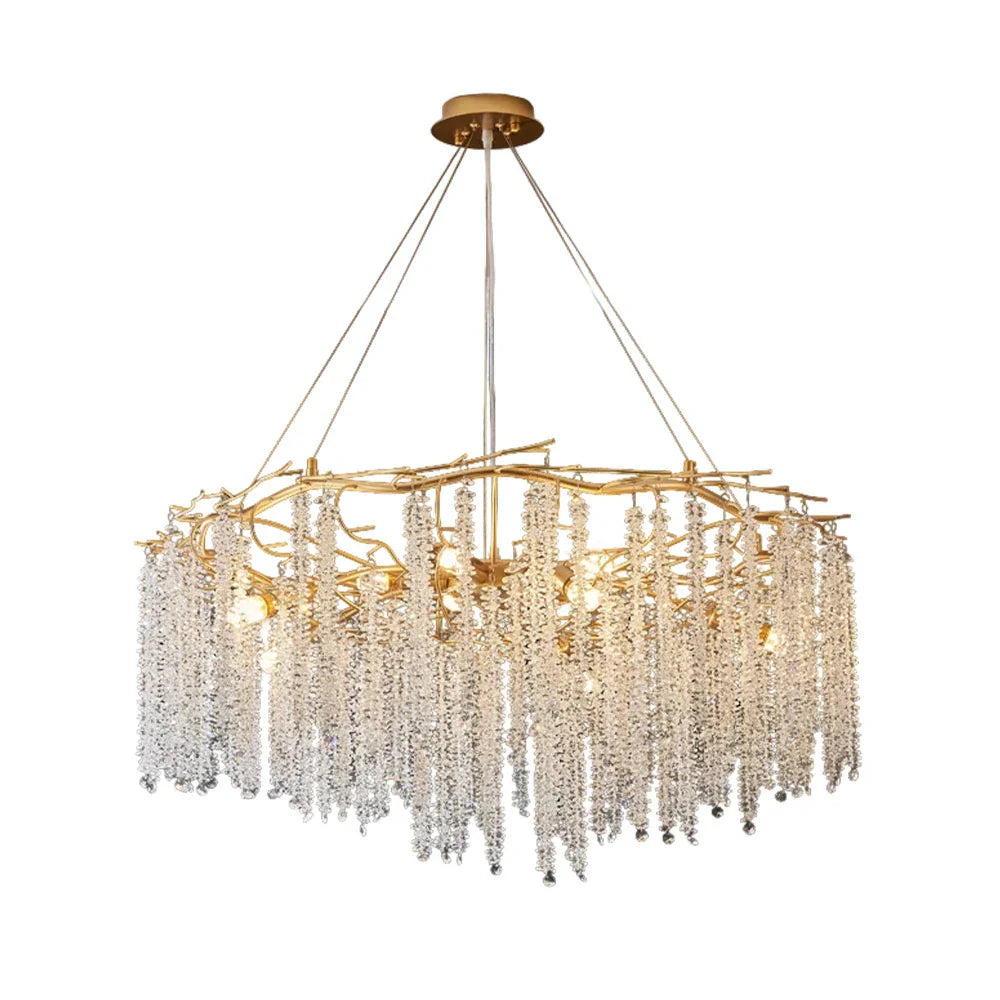 LIVARA Crystal Tassel Chandelier 6/8/10-Head LED Pendant Light, Gold Iron Frame & E14 Lamp Holder for Living Room Bedroom Dining Room