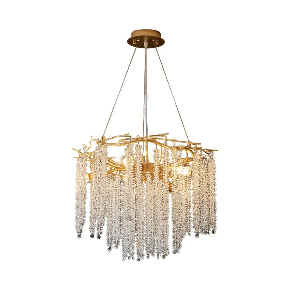LIVARA Crystal Tassel Chandelier 6/8/10-Head LED Pendant Light, Gold Iron Frame & E14 Lamp Holder for Living Room Bedroom Dining Room
