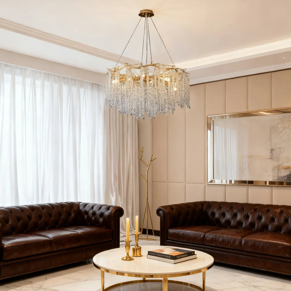 LIVARA Crystal Tassel Chandelier 6/8/10-Head LED Pendant Light, Gold Iron Frame & E14 Lamp Holder for Living Room Bedroom Dining Room