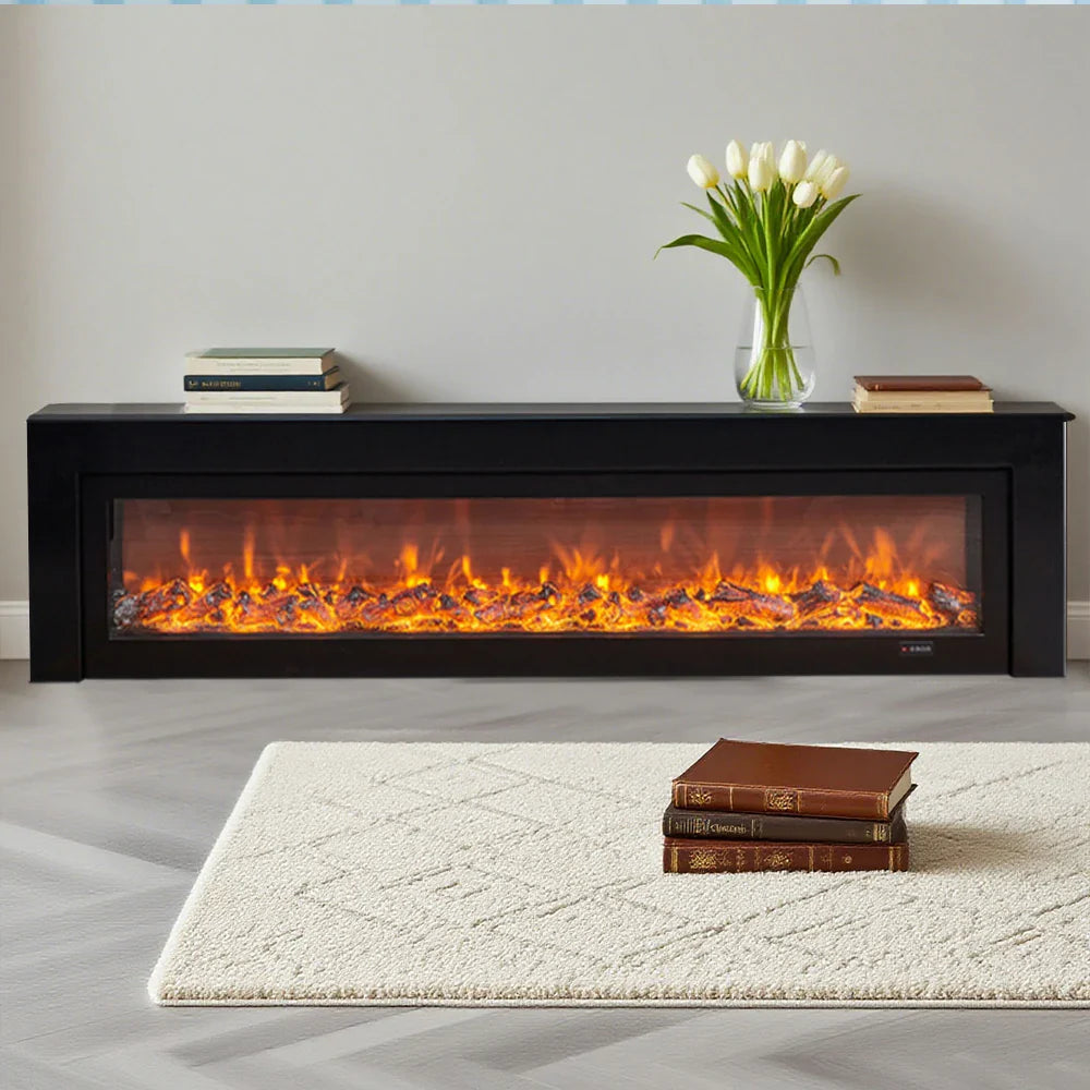 LIVARA 711 Wood TV Frame, Core 180/200cm Fireplace 12W/750-1500W, Effect, 3D Flame Cabinet - Solid Dual White Options - Electric Black
