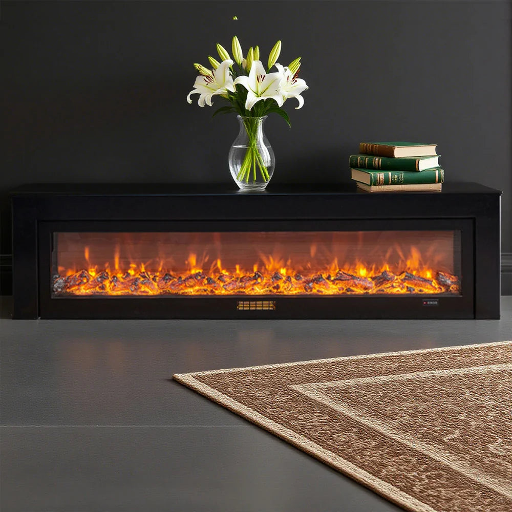 LIVARA 711 Wood TV Frame, Core 180/200cm Fireplace 12W/750-1500W, Effect, 3D Flame Cabinet - Solid Dual White Options - Electric Black