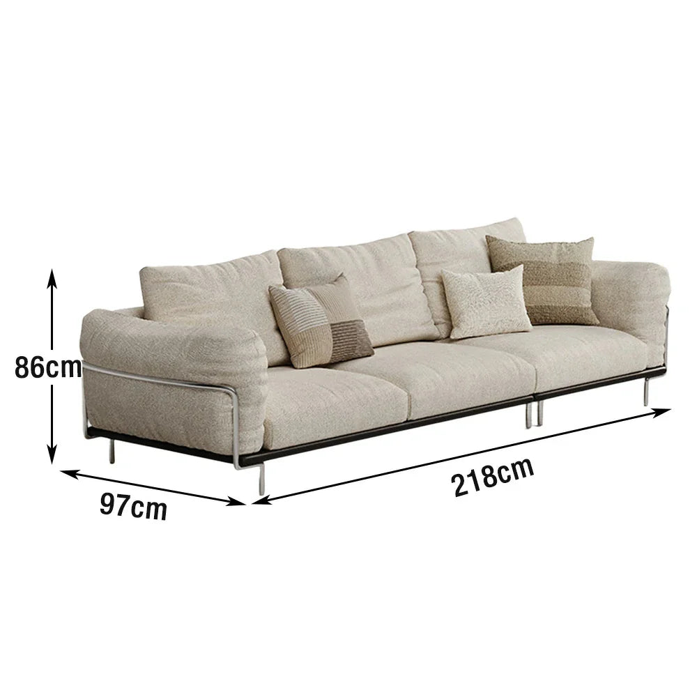 LIVARA 218cm Wide - Armrests Sponge Cat-Scratch-Resistant Sofa, Frame, Down Upholstery Cotton-Linen Wood Solid Filling, Ergonomic High-Density with 3-Seater Fabric, Beige