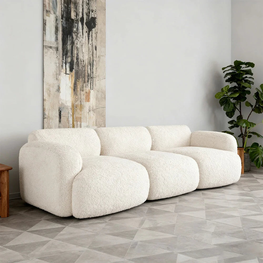 LUXORA Sofa - High-Density Memory Foam, Faux Lambswool Upholstery, Russian Larch Wood Frame, Modern Look - White