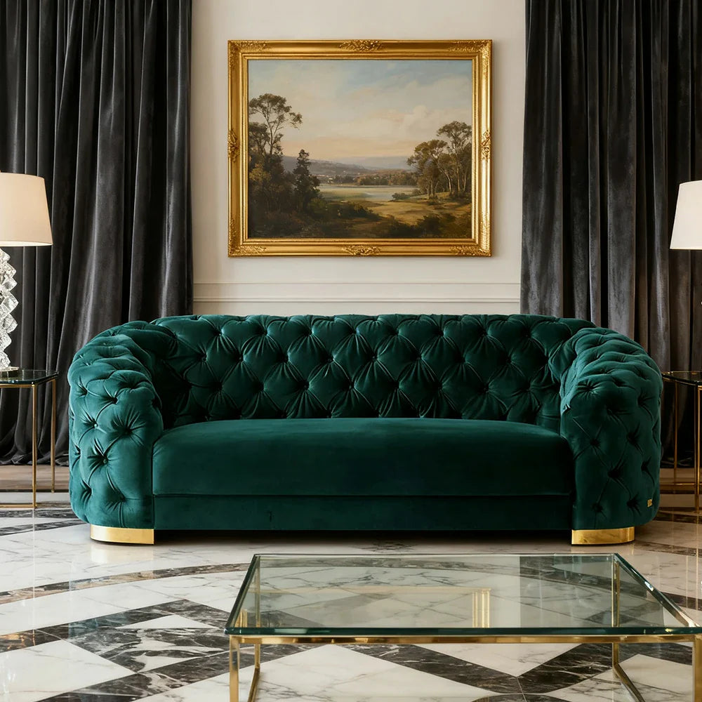 LUXORA Modern Velvet Sofa - Soft Fabric, Gold Stainless Steel Legs, High-Density Foam, Curved Backrest - Blue