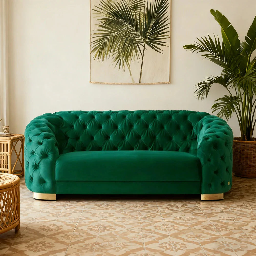 LUXORA Modern Velvet Sofa - Soft Fabric, Gold Stainless Steel Legs, High-Density Foam, Curved Backrest - Green