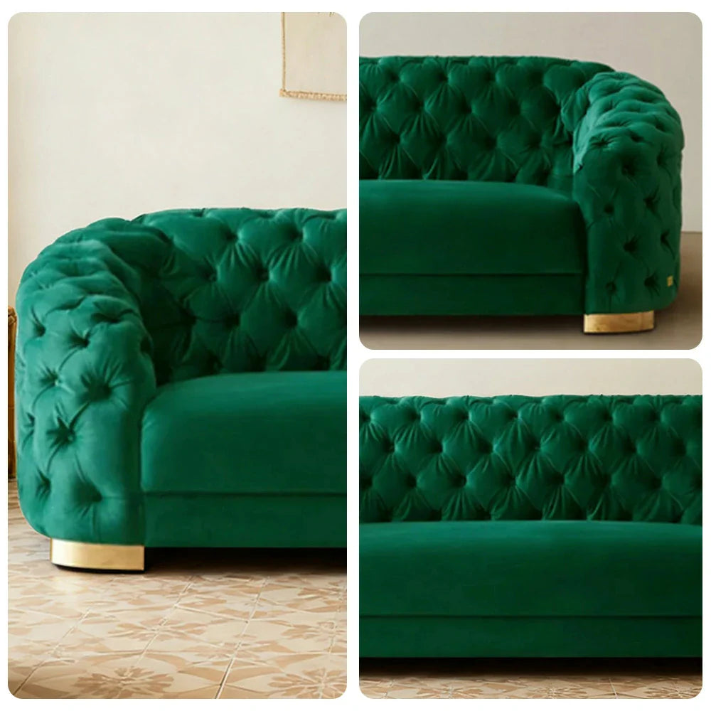 LUXORA Modern Velvet Sofa - Soft Fabric, Gold Stainless Steel Legs, High-Density Foam, Curved Backrest - Green
