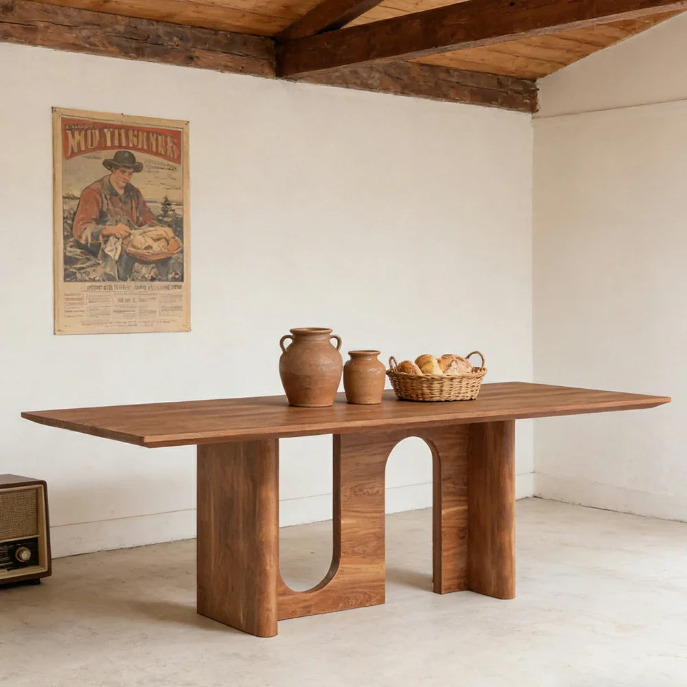 LUXORA 140/160cm New Zealand Pine Solid Wood Dining Table - Minimalist Arch Leg Design Thick Stable Structure Modern Table for Dining & Living Spaces - Natural