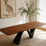 LUXORA 140/160cm New Zealand Pine Solid Wood Dining Table - Sculptural V-Leg Design Thick Wood Top Coastal & Modern Dining Table - Walnut Black