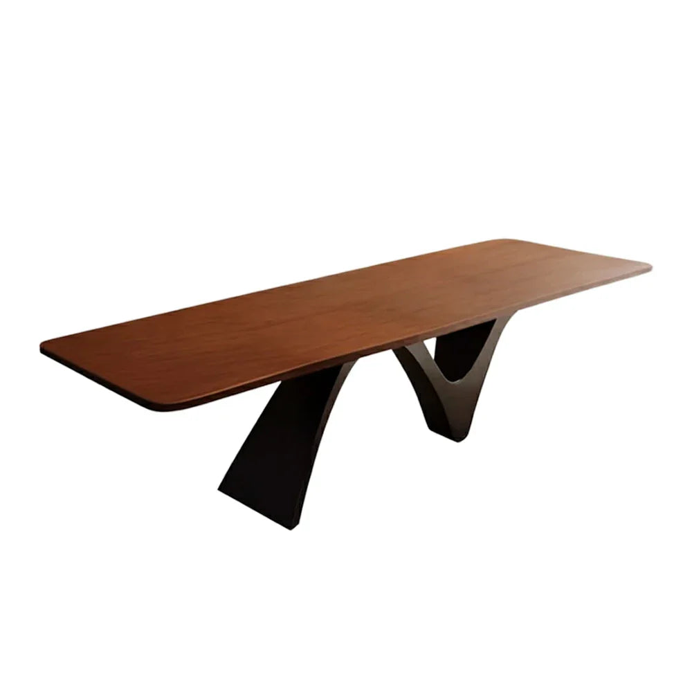 LUXORA 140/160cm New Zealand Pine Solid Wood Dining Table - Sculptural V-Leg Design Thick Wood Top Coastal & Modern Dining Table - Walnut Black