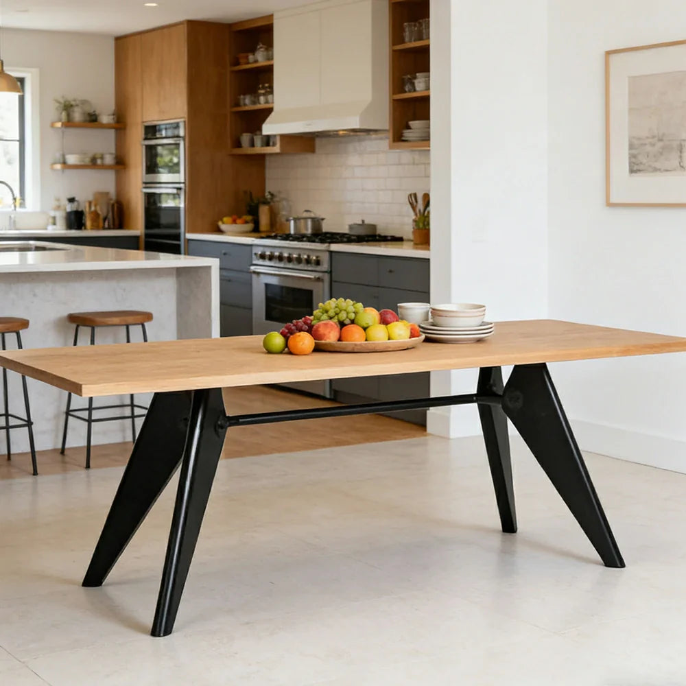 LUXORA 140/160cm New Zealand Pine Solid Wood Dining Table - Nordic Bauhaus Design Thick Wood Top Stable Metal Legs for Dining & Work Spaces - Natural & Black