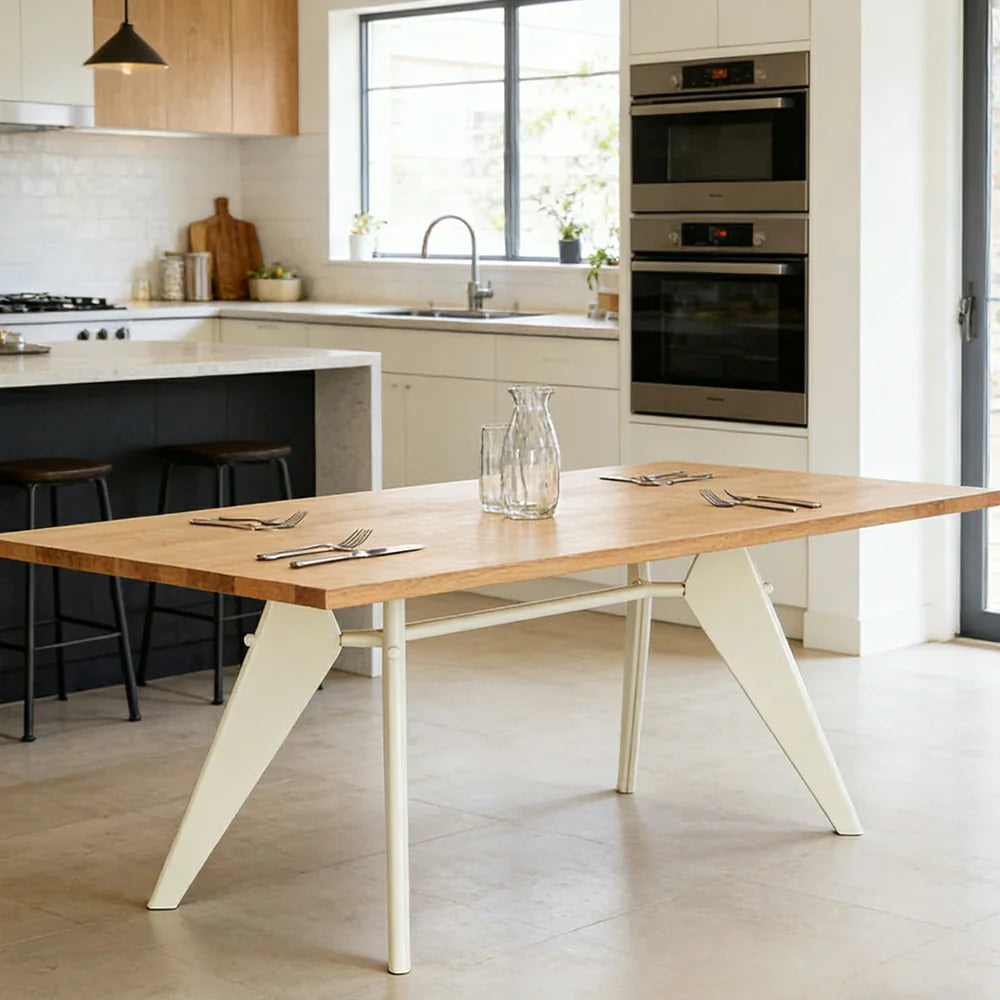 LUXORA 140/160cm New Zealand Pine Solid Wood Dining Table - Nordic Bauhaus Design Thick Wood Top Stable Metal Legs for Dining & Work Spaces - Natural & Beige
