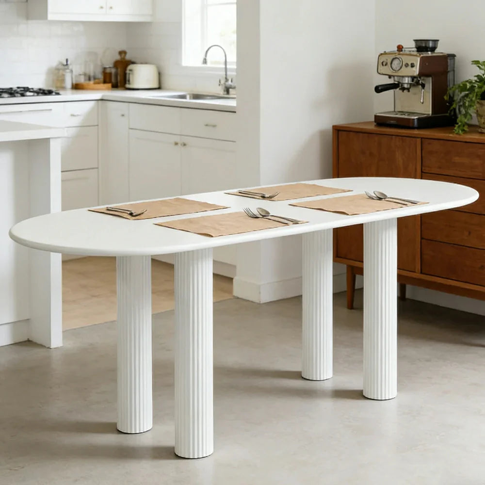 LUXORA 140/160cm French Solid Wood Long Table - Cream Minimalist Design Rounded Edges Stable Pedestal Legs for Dining & Living Spaces - Beige