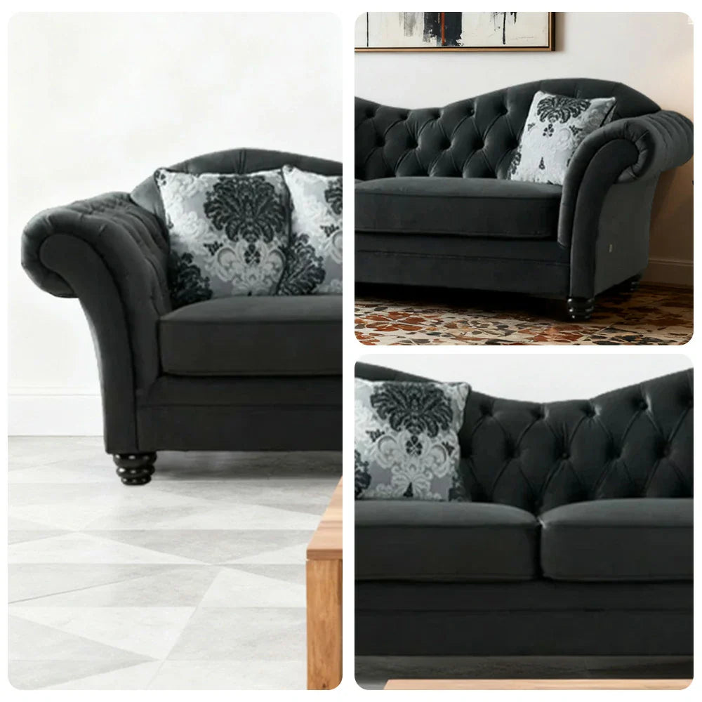 LUXORA Velvet Sofa - Handcrafted Button-Tufted Backrest, Wooden Legs, Elegant British-Inspired Design - Black