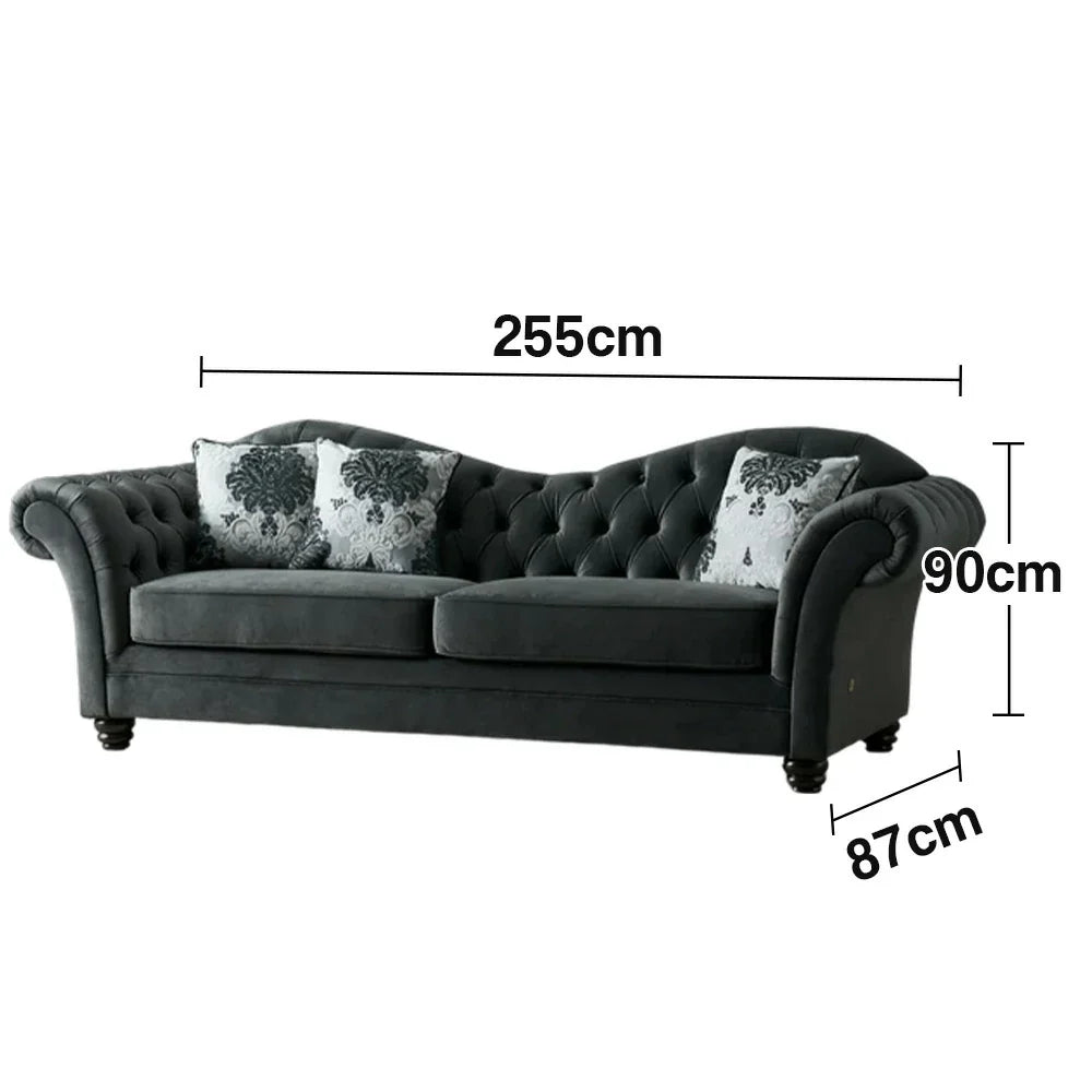 LUXORA Velvet Sofa - Handcrafted Button-Tufted Backrest, Wooden Legs, Elegant British-Inspired Design - Black