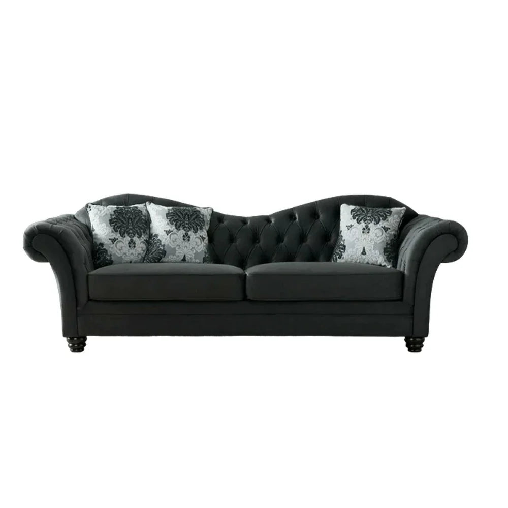 LUXORA Velvet Sofa - Handcrafted Button-Tufted Backrest, Wooden Legs, Elegant British-Inspired Design - Black