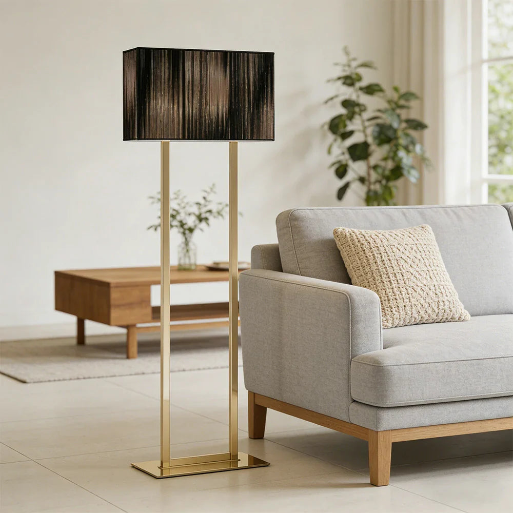 LUXORA Floor Lamp - Soft Ambient Lighting, Hand-Crafted Wire Design, Grey Shade, Metal Frame with Gold Base