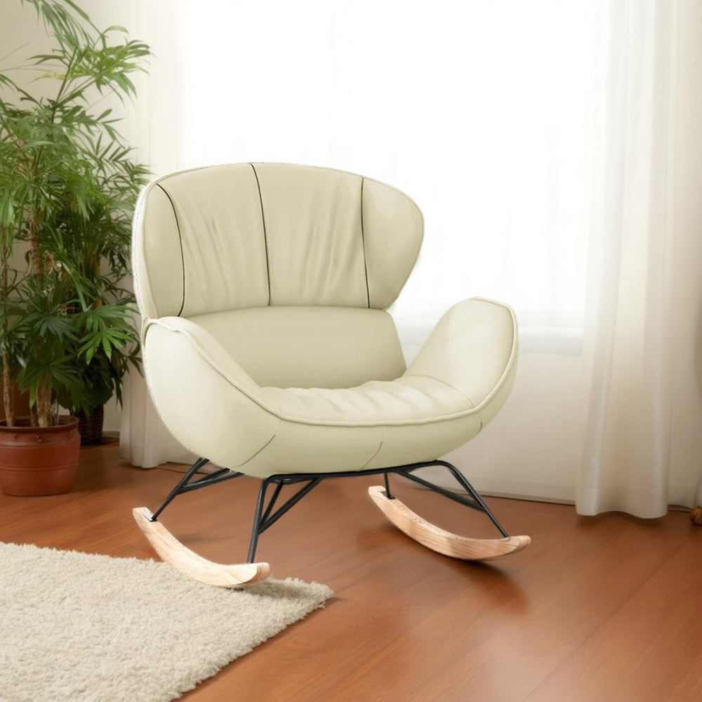 LUXORA Rocking Design - Foam, Chair 105-degree Rocking Recline, Leather, High-Density Ash Wood Base, Stable Tech White